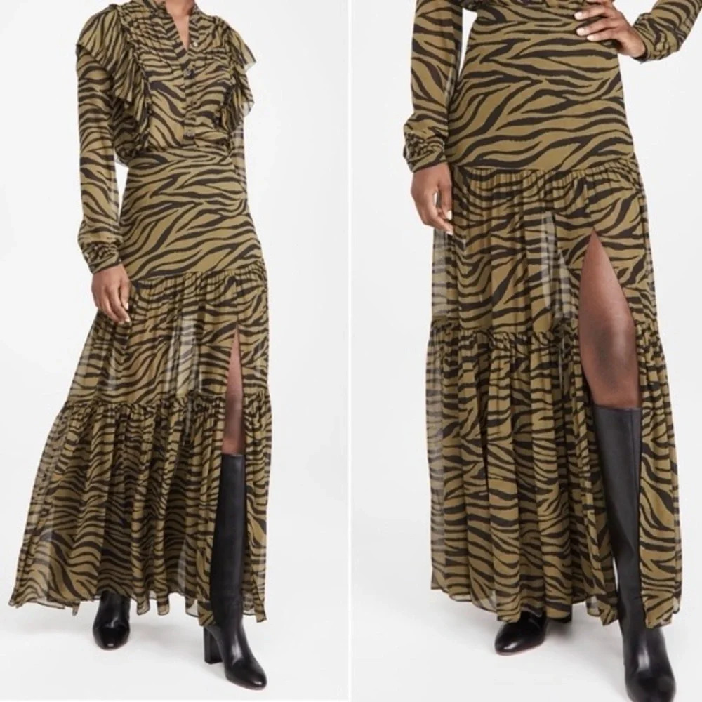 Veronica Beard Olive Green Serence Zebra Silk Maxi Thigh High Slit Skirt - Picture 8 of 12